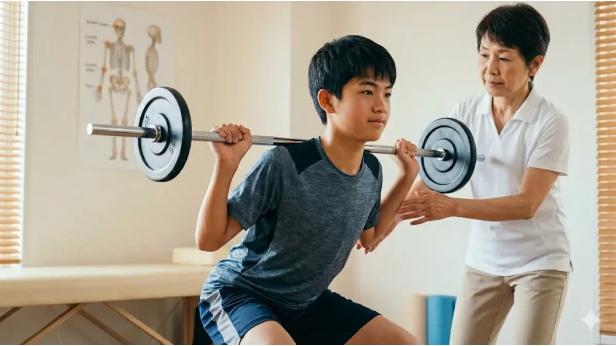 日本人の男子中学生がスポーツクリニックで、専門の指導員に見守られながら、適切なフォームで軽い筋力トレーニングを行っている。怪我を予防し、安全に体を鍛える方法を学んでいる。