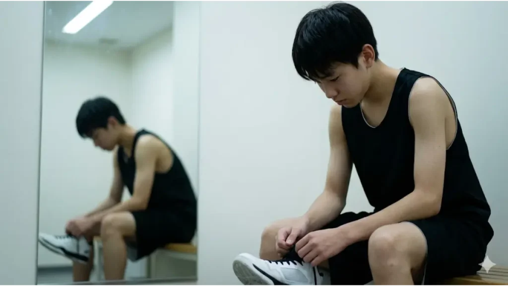 日本の中学生の男子部員が、更衣室のベンチでうつむき、悔恨の表情を浮かべている。無理な食事制限と過度なトレーニングで疲れ果て、身長が伸びなかったことへの後悔を表現している。