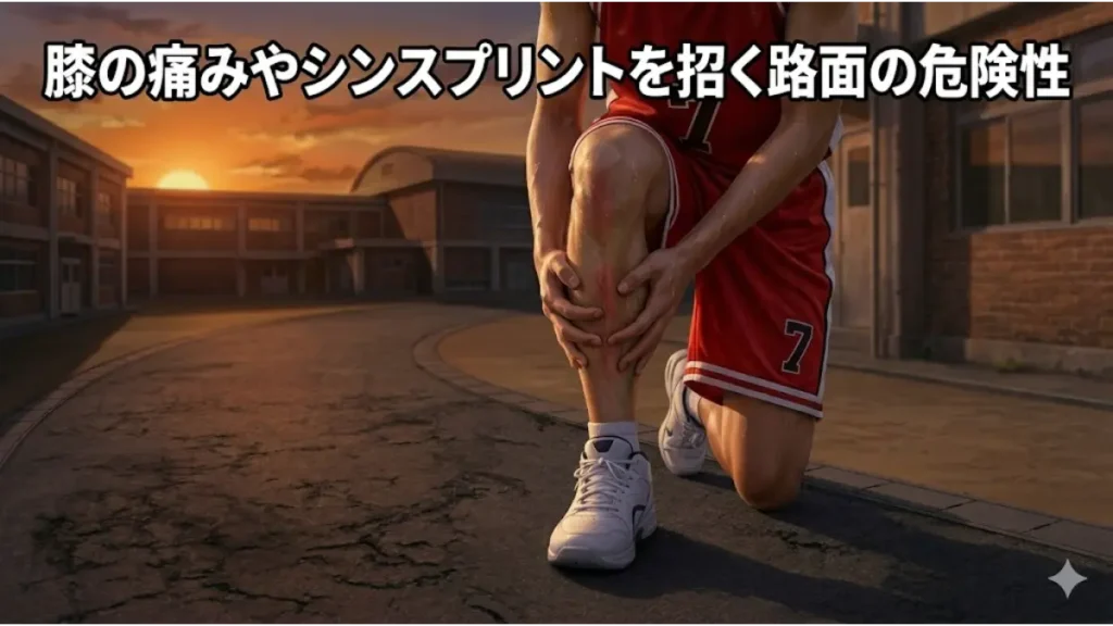 夕暮れの校舎外周のアスファルト路面を走る日本人高校生バスケットボール選手の後ろ姿。膝の痛みやシンスプリントの原因となる硬い路面の危険性を示す実写風画像。