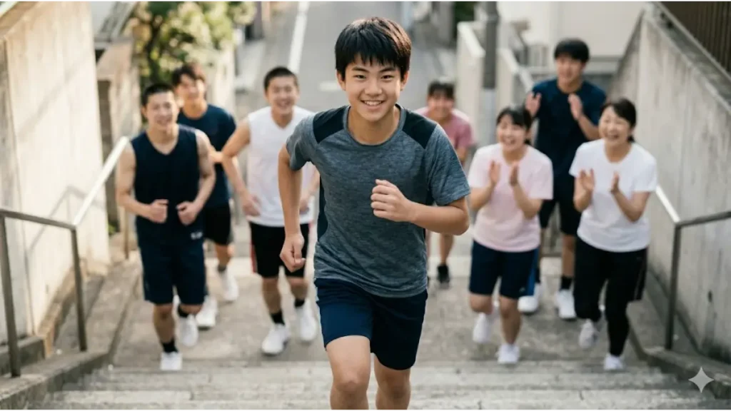屋外の階段を軽快に駆け上がっている、健康的で筋肉質な日本人男子高校生。笑顔で充実した表情をしており、スポーツでの成功や健やかな成長を感じさせる。