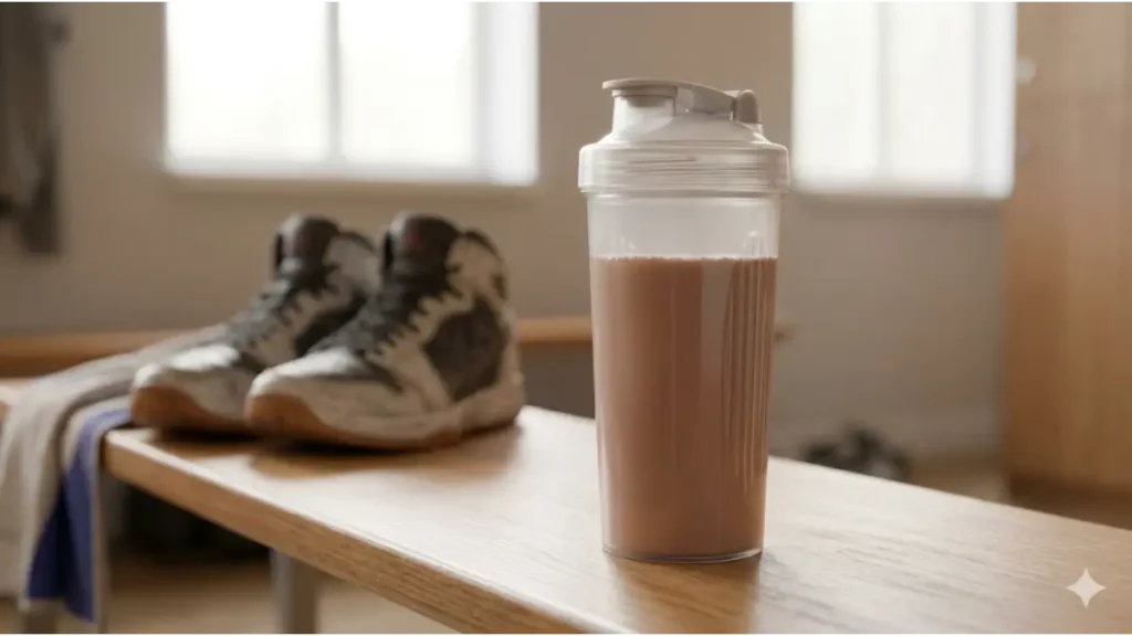 成長期の栄養補給：バスケ部員の骨の成長をサポートするサプリメント「ノビエース」のイメージ。シェイカーとバッシュ。