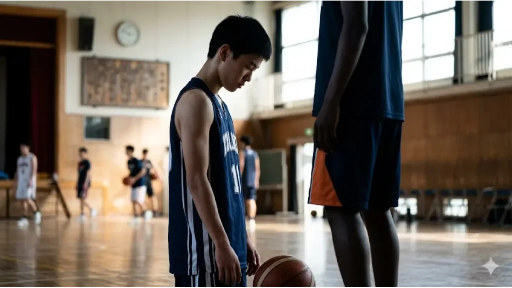 コート上で、自分より遥かに背の高い相手選手を見上げ、身長差という残酷な壁を痛感する日本人の中高生バスケットボール選手。