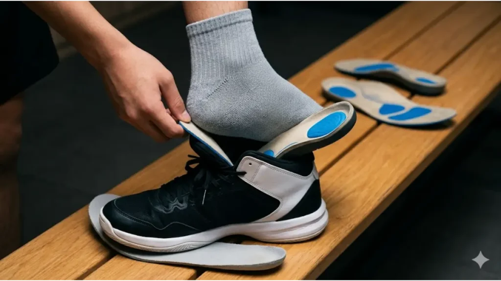 バッシュを履く前に、アジア人の少年が成長期の足を保護する高機能インソールをシューズに入れているクローズアップ。