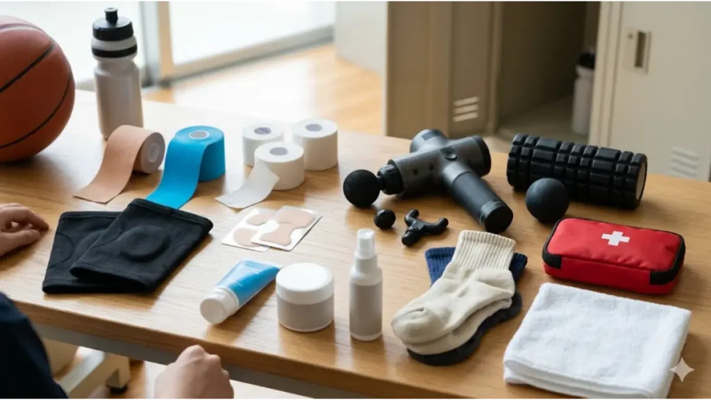 木製のベンチに並べられた、高校のバスケ部合宿向けケア用品（テーピング、マッサージガン、フォームローラー、アイシングバッグ、プロテイン、サプリメント）の16:9画像