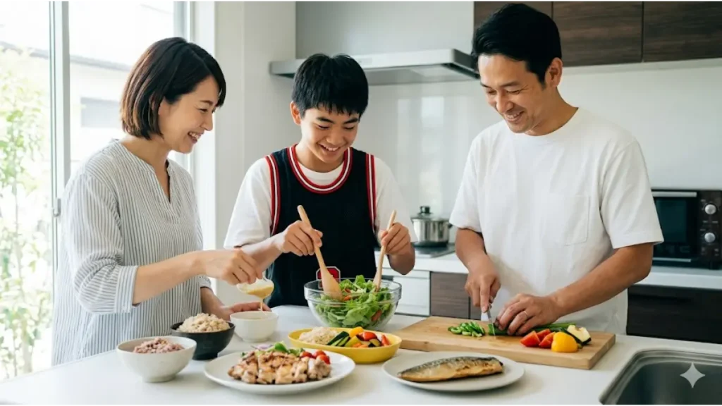 キッチンのカウンターで、身長を伸ばすために高タンパクでバランスの取れた健康的な食事を作る日本人の家族。