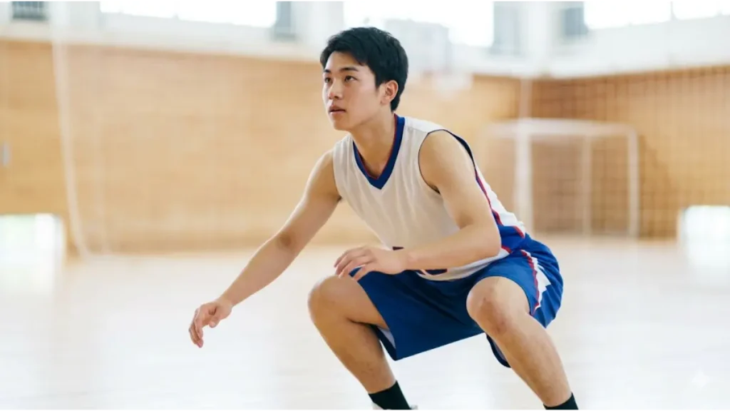 体育館で、腹筋を割るための基礎として深層スクワットをするバスケ部の男子高校生。