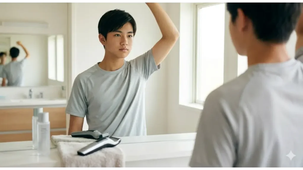 朝の洗面所で、鏡を見ながら脇のムダ毛を剃り、自信のある表情を見せる男子高校生。衛生的利点を重視したグルーミング。