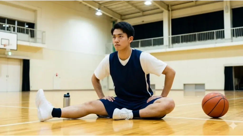 バスケ部員が練習後の体育館で、股関節（内転筋）の柔軟性を高めるストレッチを行う様子。サイドステップのキレを劇的に変える。