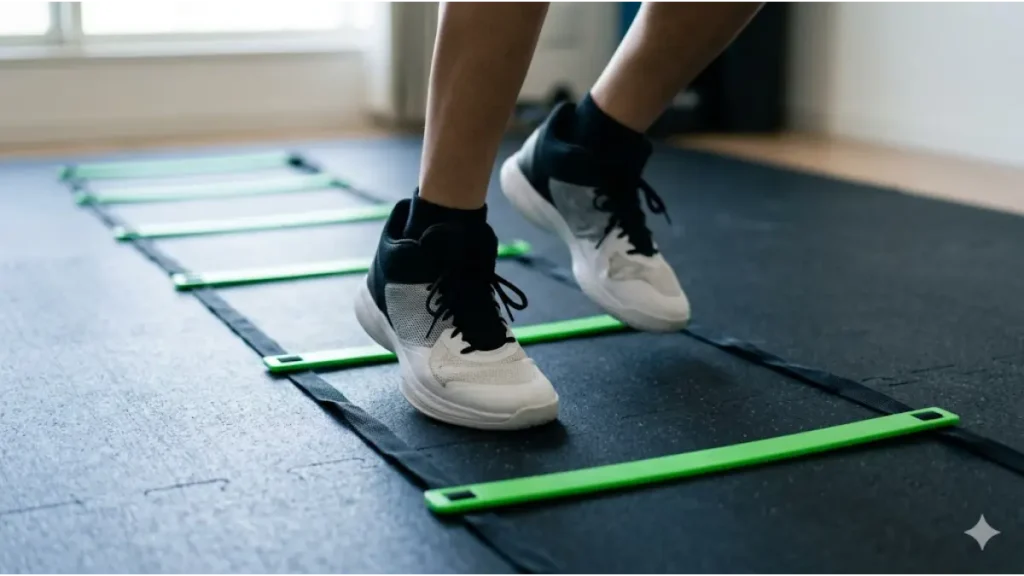 アパートの室内で、厚手の防音ジョイントマットの上に置かれたアジリティラダーを使い、静かにトレーニングをする日本人男子高校生バスケットボール選手の足元。