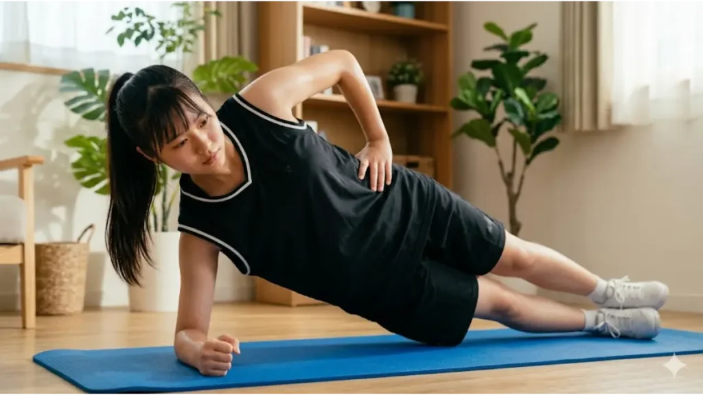 日本の高校生の女子部員が、自宅のリビングのマットの上で、サイドプランクをして体幹を鍛えている。真剣な表情で姿勢をキープし、汗を流しながらトレーニングに励む様子。