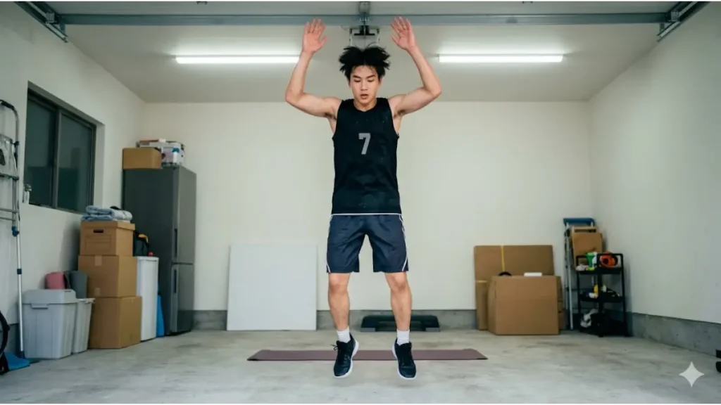 日本の高校生の男子部員が、自宅のガレージに敷いたマットの上で、全力でバーピージャンプをしている。汗を流し、息を切らしながらトレーニングに集中する様子を表現。