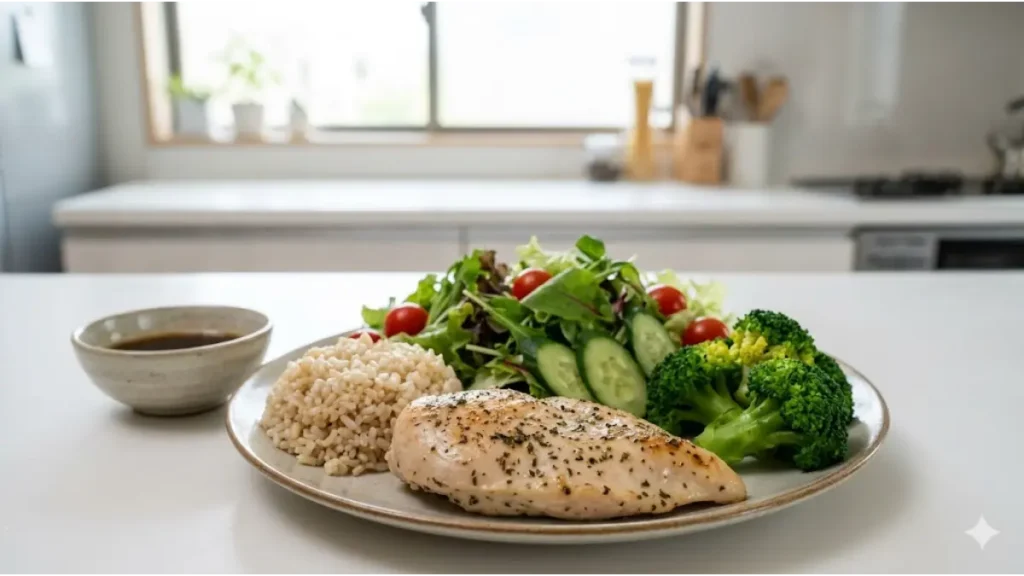 自宅のキッチンで用意された、皮下脂肪を落とすための高タンパクでバランスの良い健康的な食事。