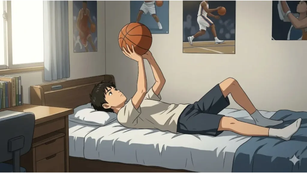 日本人の男子高校生が自室のベッドに仰向けになり、バスケットボールを真上に放って正しいシュートフォームと回転を確認する室内練習。