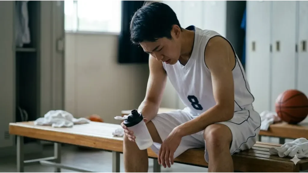 体育館の更衣室で、激しいバスケの練習後に栄養失調状態に陥った、疲労困憊の男子高校生アスリート。