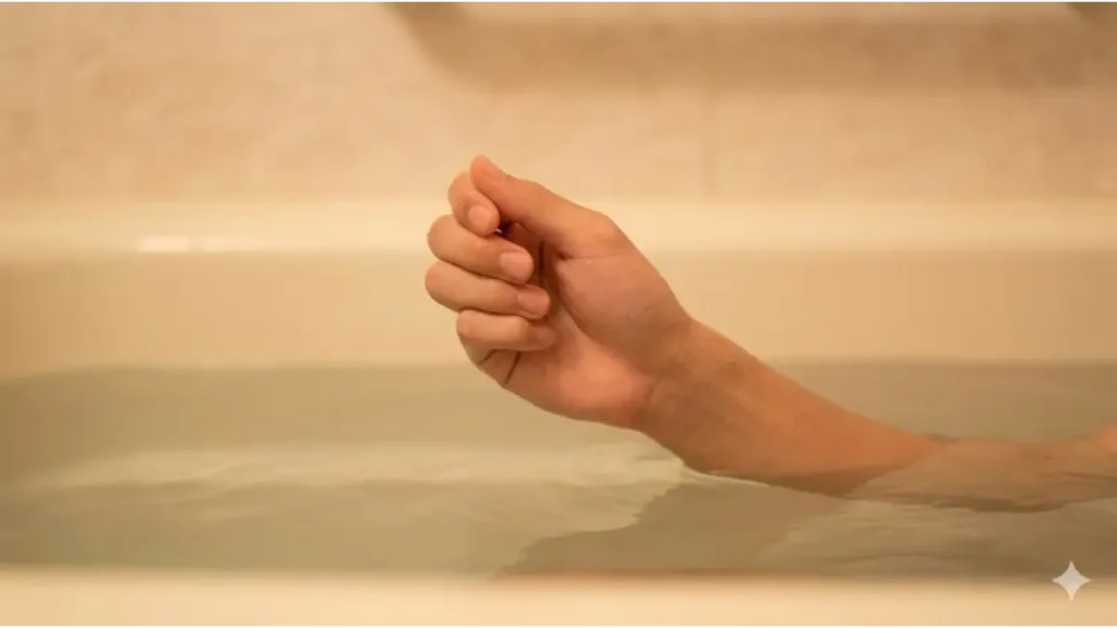 自宅のお風呂で温まりながら、突き指のリハビリとして、水中の中でゆっくりとグーパー運動を繰り返す日本人の男子高校生の右手。