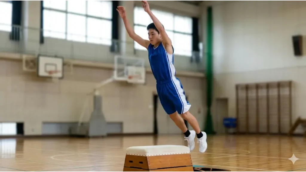 バスケ部の中学生男子が体育館でプライオメトリクストレーニングのボックスジャンプを行う姿