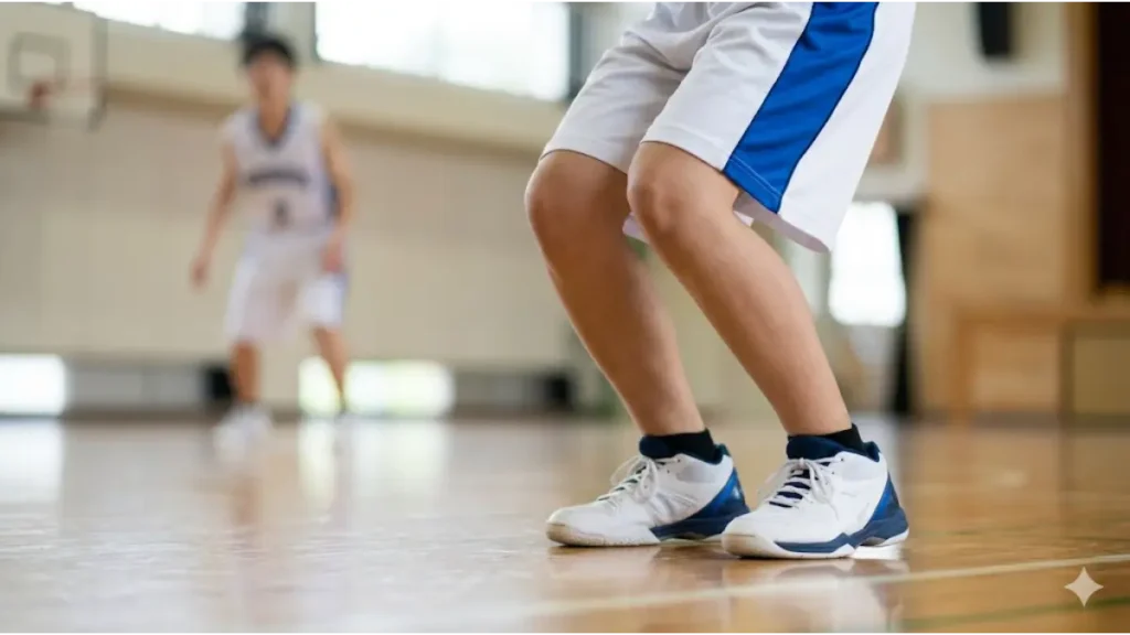 バスケ部の中学生が体育館で膝の負担を減らす正しい着地法を実践する様子