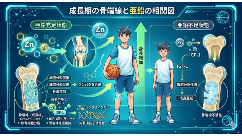 成長期のバスケ選手の身長を伸ばす仕組み：骨端線と亜鉛の相関図。亜鉛充足による身長増加（骨端線活性化、タンパク質合成促進）と不足による成長遅延（骨端線不活性、IGF-1低下）の違いを説明するインフォグラフィック。成長ホルモン、ジンクフィンガーの役割も解説。