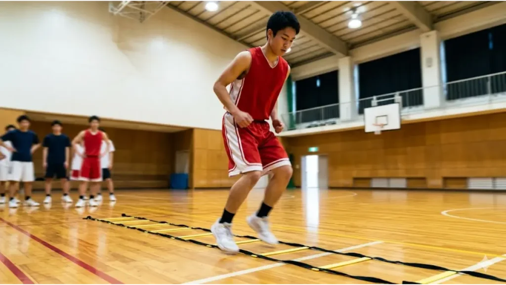 バスケ部員が体育館でラダートレーニングを行い、足の運びの速さと神経伝達速度を高める練習をする様子。