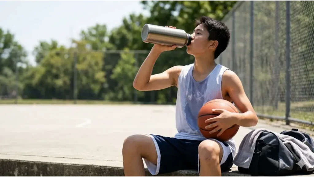 夏の炎天下、屋外コートでの練習の合間に、アジア人の男子中学生が大容量のステンレス水筒で水分補給をする様子。