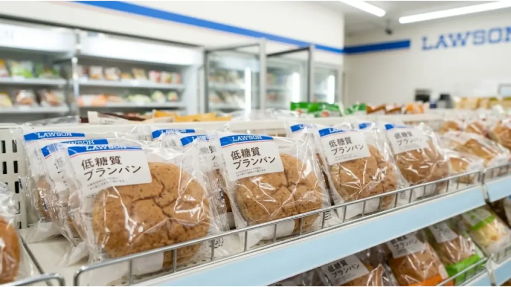 ローソンの棚に並ぶ低糖質ブランパン。筋力維持をサポートするタンパク質豊富なパン。