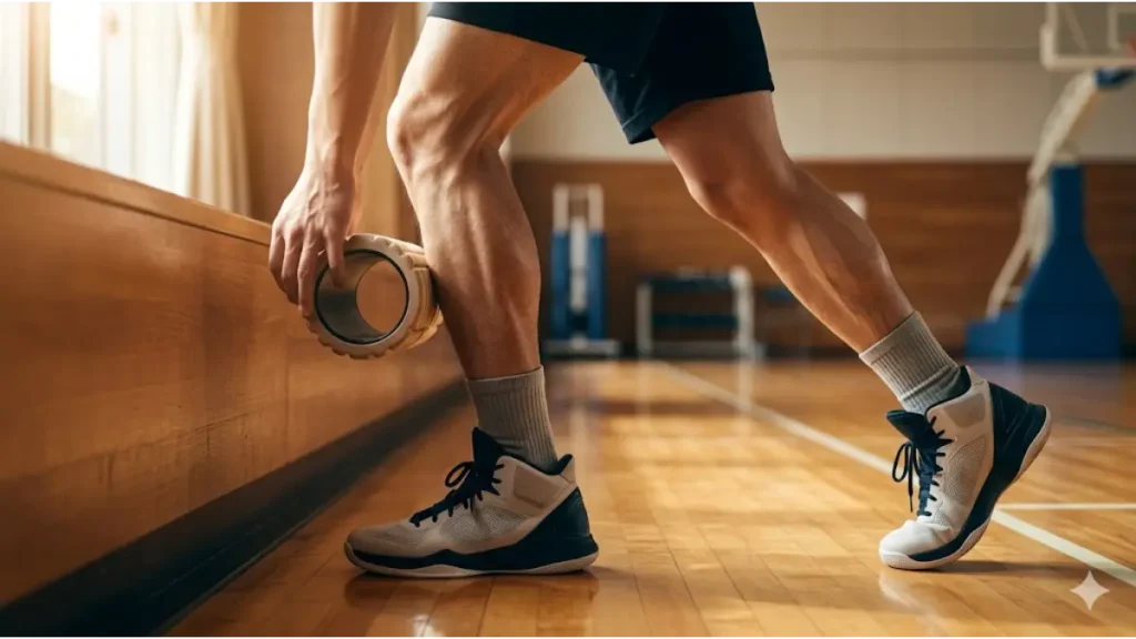 バスケットボールコートの上で、バッシュを着用し、しなやかなふくらはぎを披露する若い日本人男性アスリート。筋肉の定義と柔軟性が強調された実写画像。