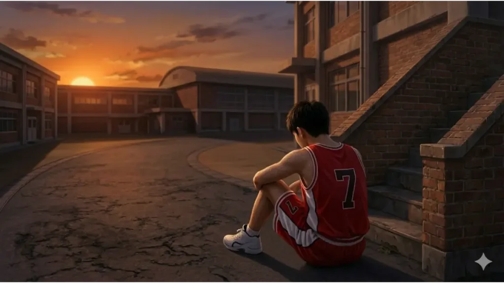 夕暮れの校舎裏でバスケユニフォーム姿のまましゃがみ込む日本人高校生男子の背中。低身長による悔恨を象徴する、ノスタルジックな実写風画像。