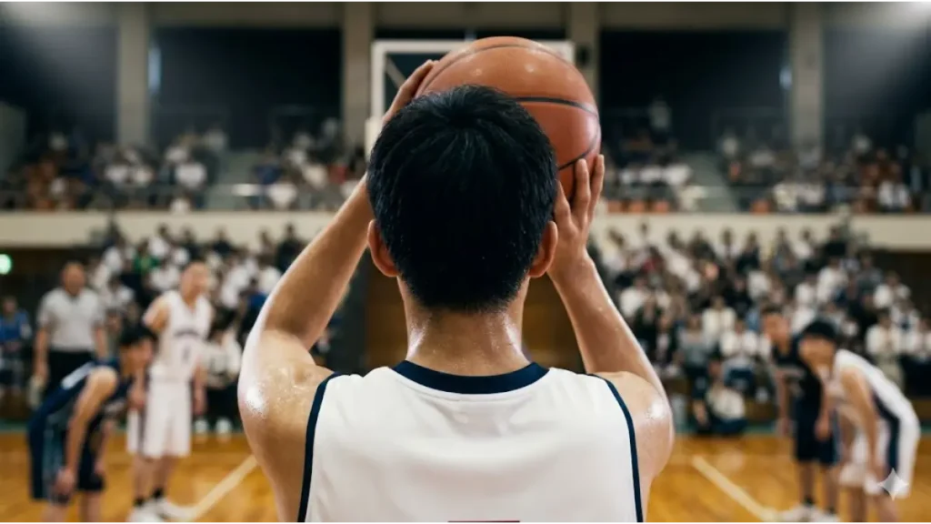 観客や他選手の視線が集まる中でプレッシャーを感じながらフリースローを構えるバスケ部員