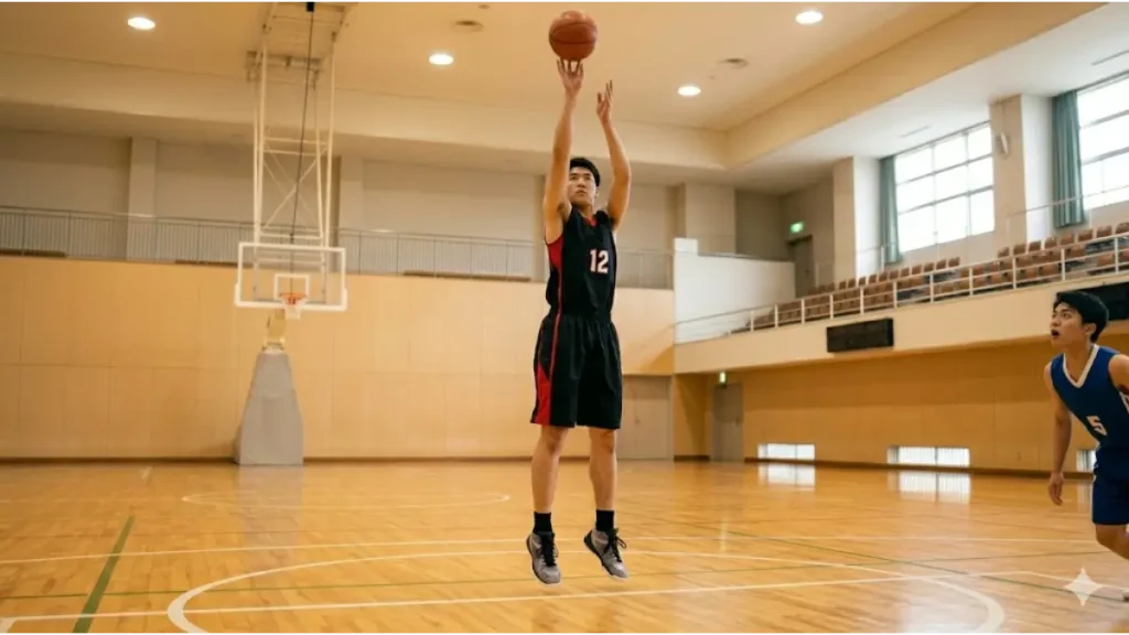 3ポイントラインの外からジャンプシュートを放つ、現代的な「ユニコーン」スタイルの長身日本人選手