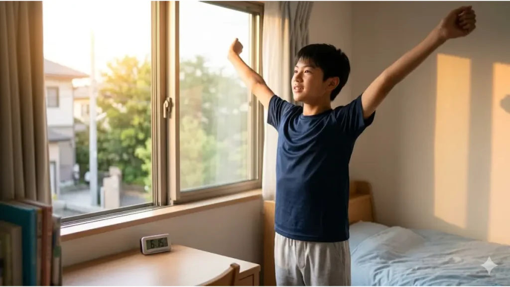 早朝の静かな日本の中学校・高校の体育館で、コート上にバスケットボールとシューズが置かれているアイキャッチ画像。朝練の始まりを象徴。