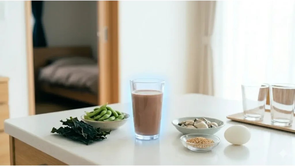カルシウムや亜鉛を含む食材とジュニアプロテインを並べた実写イメージ