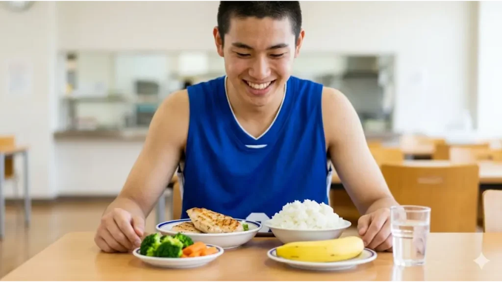 バスケ部員の食事戦略：身体を大きくする高タンパク・低脂質のメニュー。アジア人選手がバランスの良い食事をとる様子。
