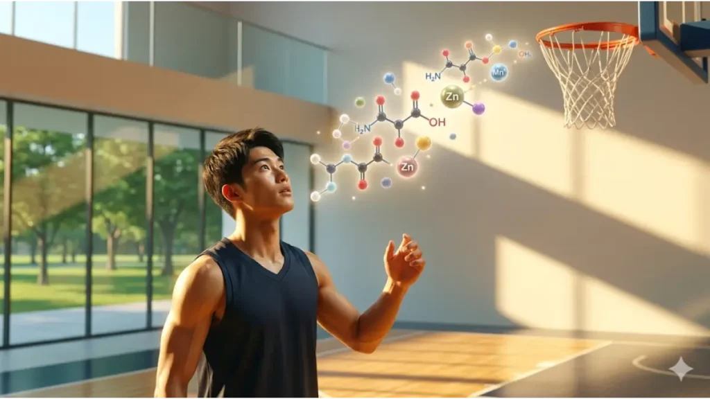 筋肉質な日本人の男子高校生バスケ部員が、コート上でアルギニンや亜鉛などの栄養素を象徴する分子模型を見上げ、身体作りの目標を意識する様子。
