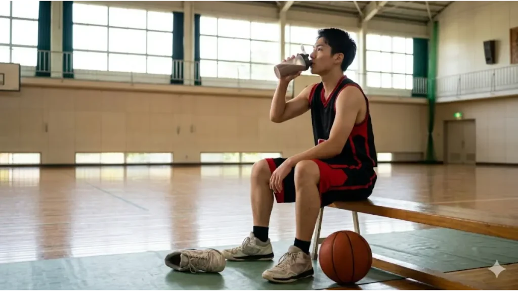 バスケ部練習後、体育館のベンチで成長期応援ドリンク（ノビエース）を飲み、栄養補給をする日本人高校生。身体づくりの土台を作る。