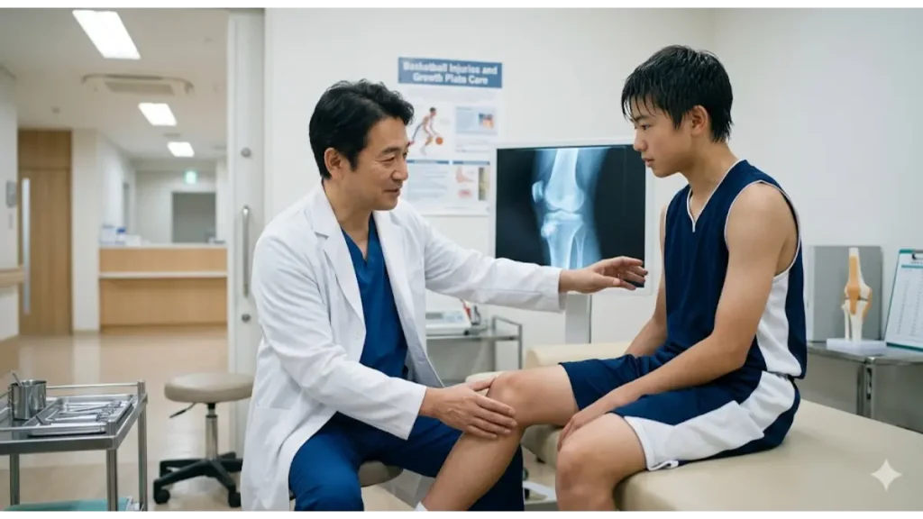 整形外科の診察室で、日本人医師が男子中学生バスケ部員の膝を診察。モニターのレントゲン画像には、オスグッド・シュラッター病の特徴的な脛骨粗面の剥離が見られる。実写風。