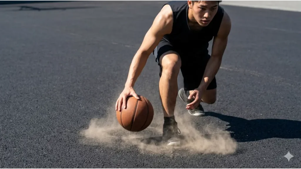 屋外のアスファルトコートで、日本人の男子バスケ部員が重心を低く保ち、力強いパウンドドリブルを練習する様子。地面から塵が舞い上がっている。
