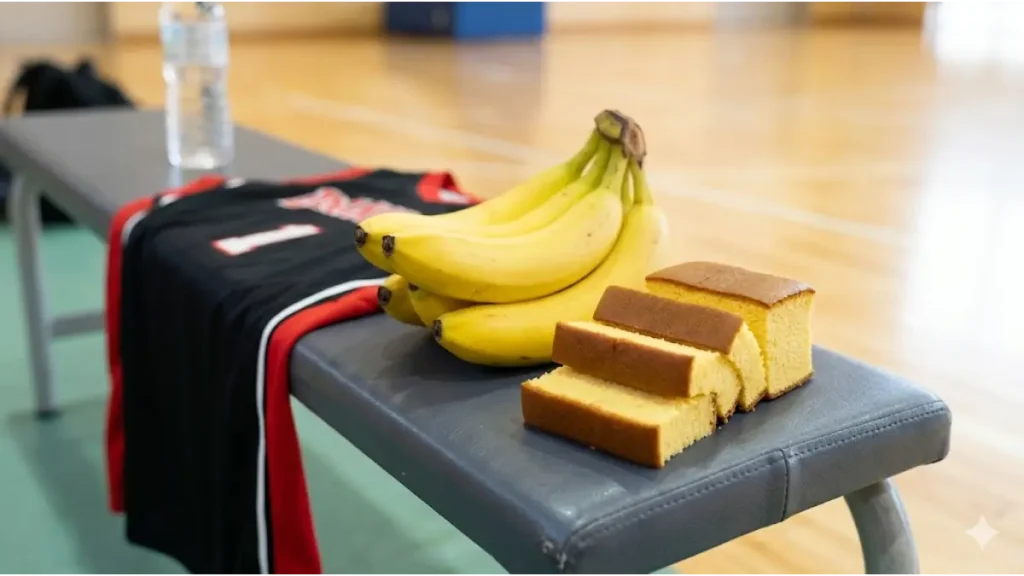 試合前のエネルギー補給に最適なバナナとカステラ。脂質が少なく即効性のある炭水化物の例。