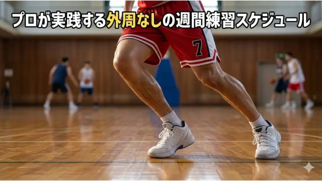 体育館の木床コートでバスケットボールをドリブルする日本人高校生男子の後ろ姿。プロの練習スケジュールに準拠したオンコートトレーニングを象徴する、実写風画像。