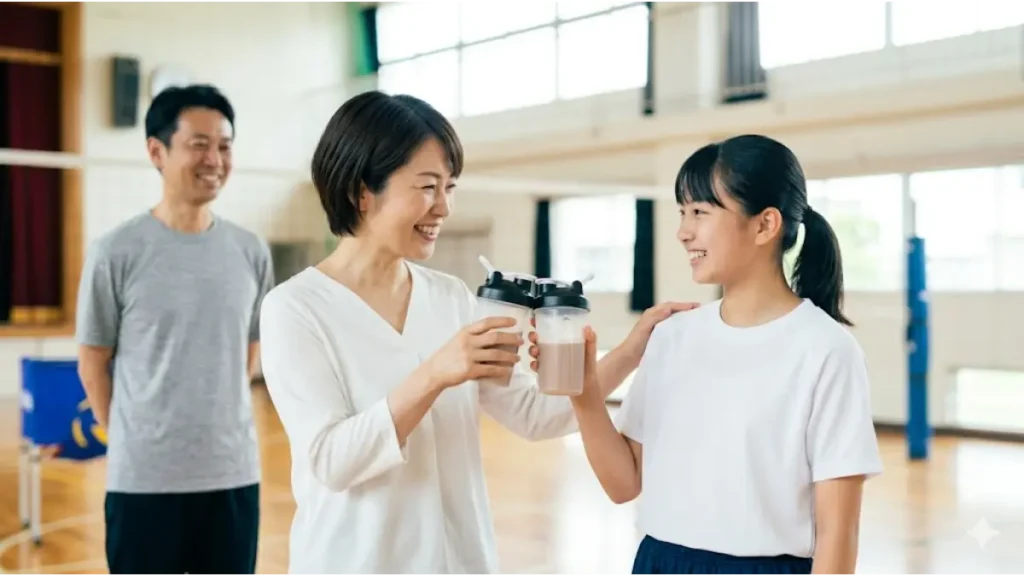 体育館で母親と中学生の娘がジュニアプロテインで乾杯する様子