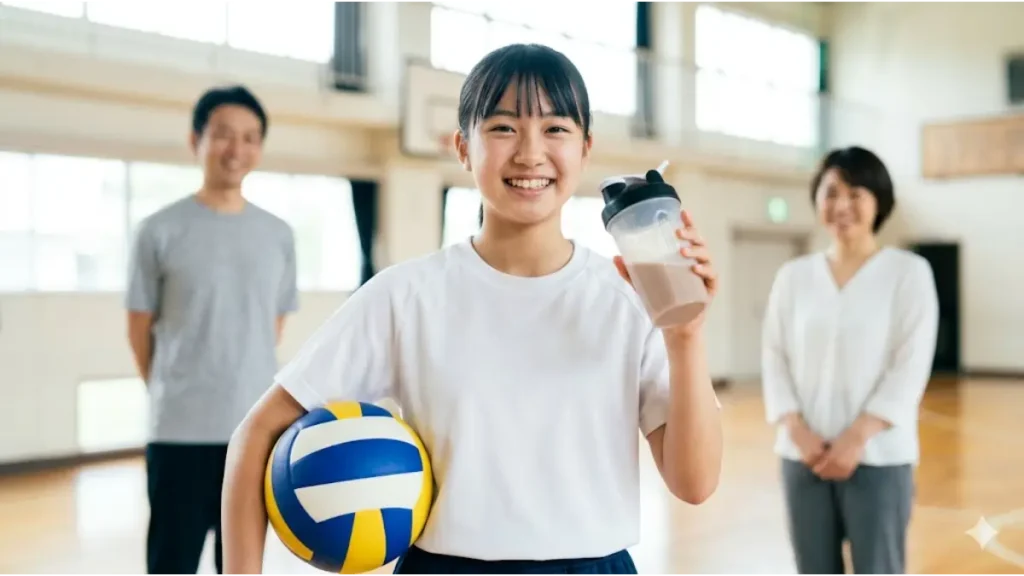 体育館でバレーボールを持つ笑顔の中学生アスリートとジュニアプロテイン