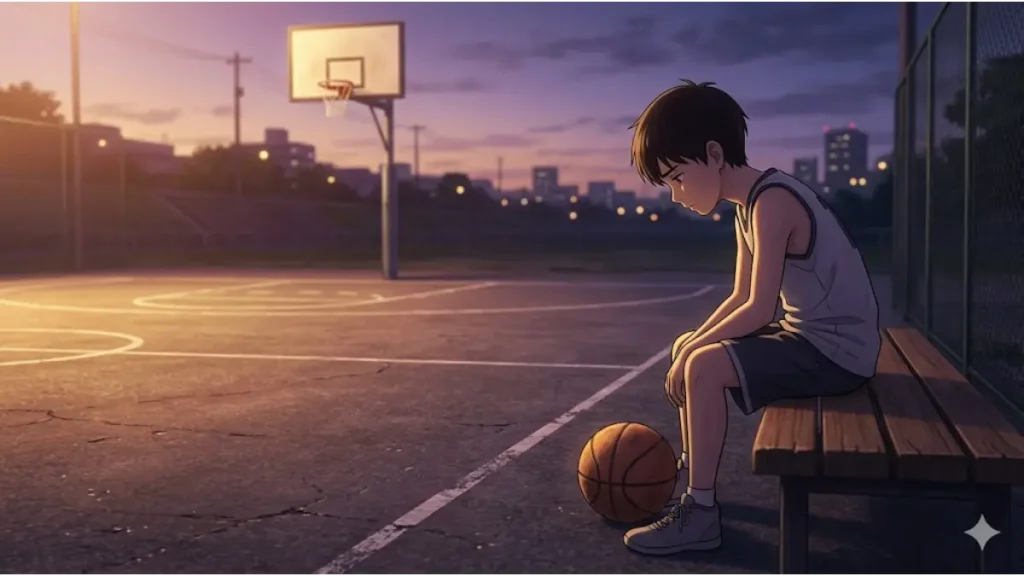 黄昏時、誰もいない屋外コートのベンチに座り、自分のバスケットボールを見つめて後悔の表情を浮かべる低身長の日本人の男子中学生。