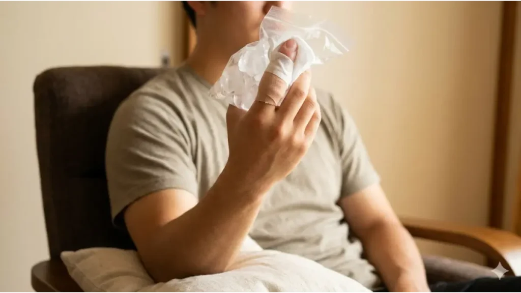 突き指の応急処置として、氷嚢を薄い布で包み患部に当て、手を心臓より高い位置に挙上する日本人の男子高校生。