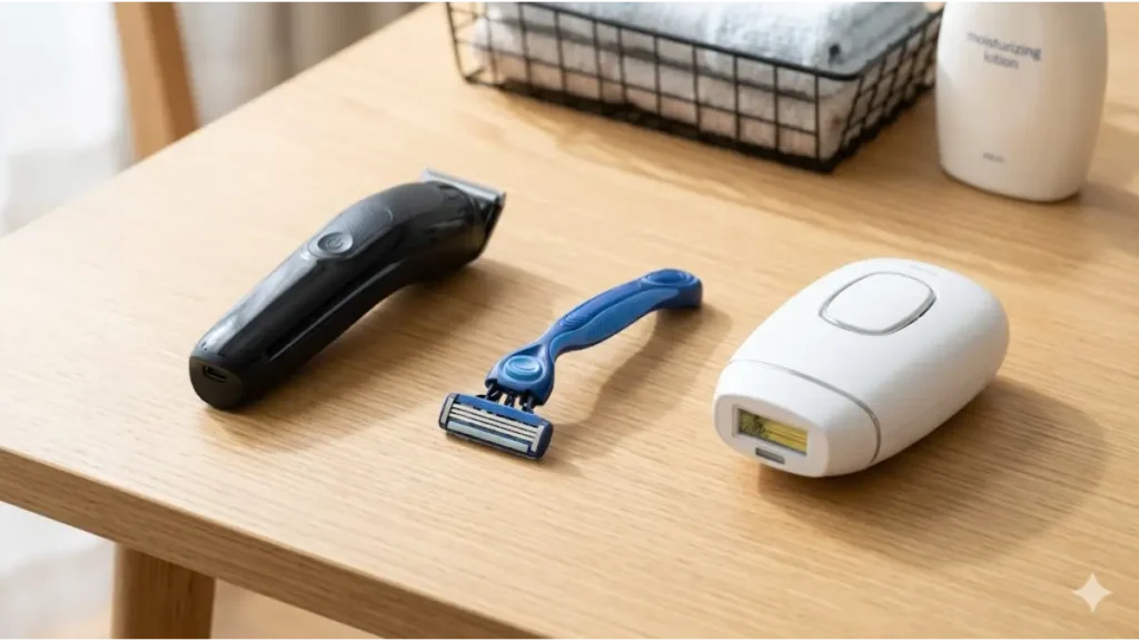 中高生向けの安全な脇毛処理方法として、電気ボディシェーバー、多刃カミソリ、家庭用光美容器の3つの道具が並べられている