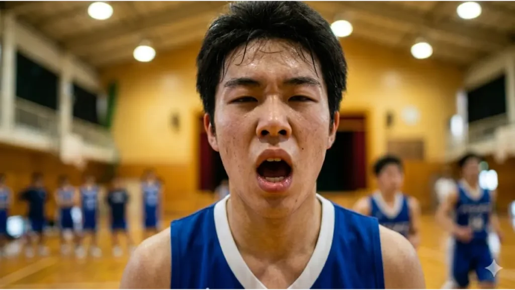 シャトルランの激しい運動により、体育館で息を切らし肺が焼けるような焦燥感を感じる日本人男子バスケ部員。