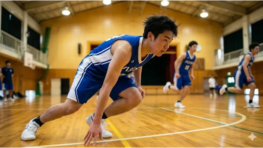 シャトルランで運動エネルギーを保存するため、体育館のラインで効率的なターンを行う日本人男子バスケ部員。