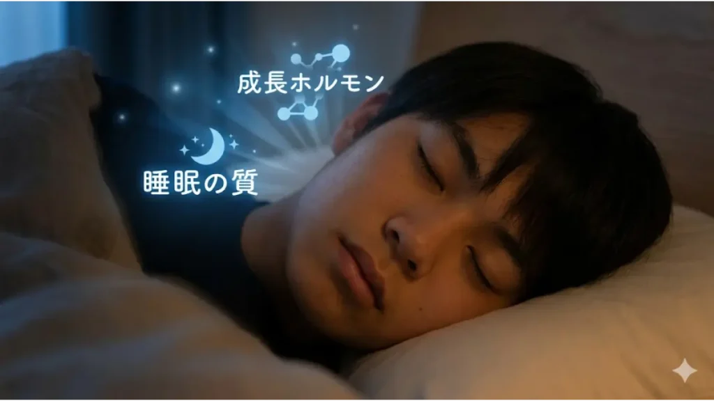 静かな寝室で深く眠る日本人男子学生と、成長ホルモン分泌を示す青い光の概念図