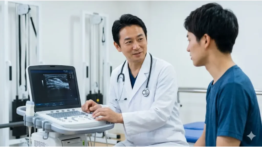 スポーツ整形外科にて、超音波エコーデバイスの画面を指差しながら、若い日本人アスリートに手関節の状態を説明する男性医師。