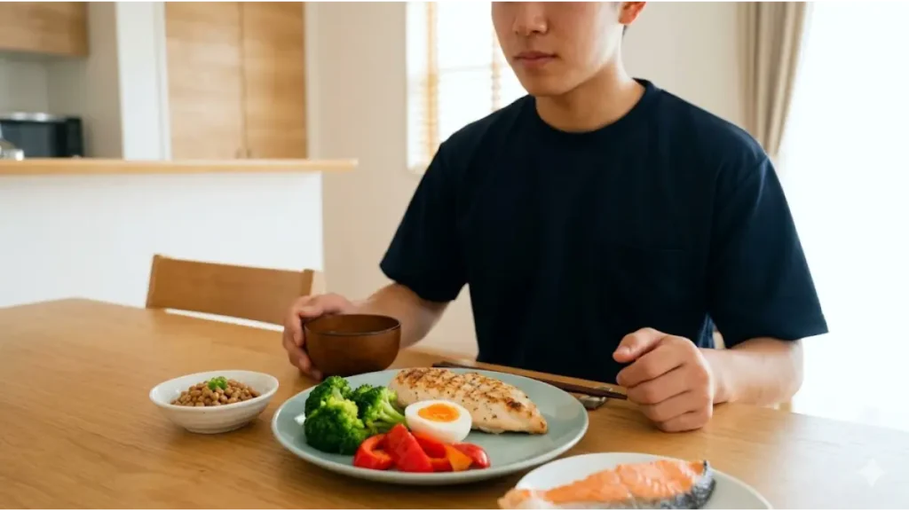 突き指の組織修復を促進するために、タンパク質（鶏胸肉、鮭、納豆、卵）とビタミンC（ブロッコリー、赤パプリカ）が豊富な食事を摂る日本人の男子アスリート。