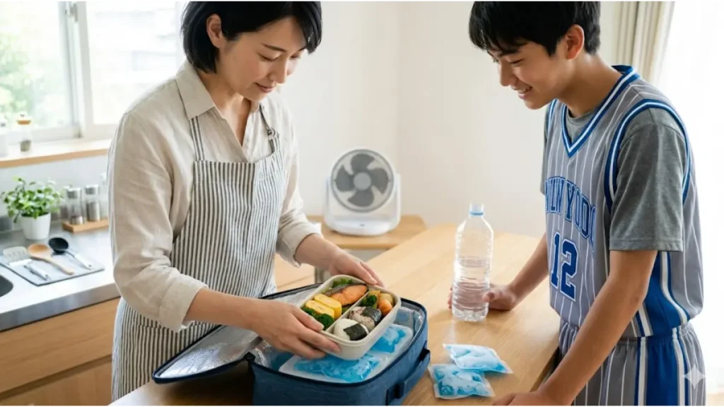 夏のバスケ部遠征に向け、母親が保冷バッグと保冷剤を使って中高生息子の弁当の衛生管理を徹底する様子。