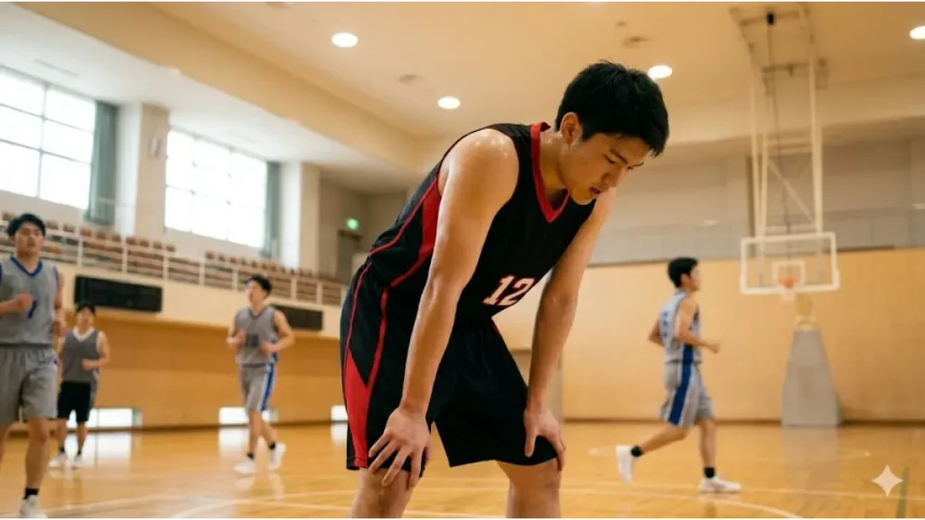 激しい練習の合間に肩で息をする、大きな体を動かすために膨大なエネルギーを消費する日本人バスケ選手